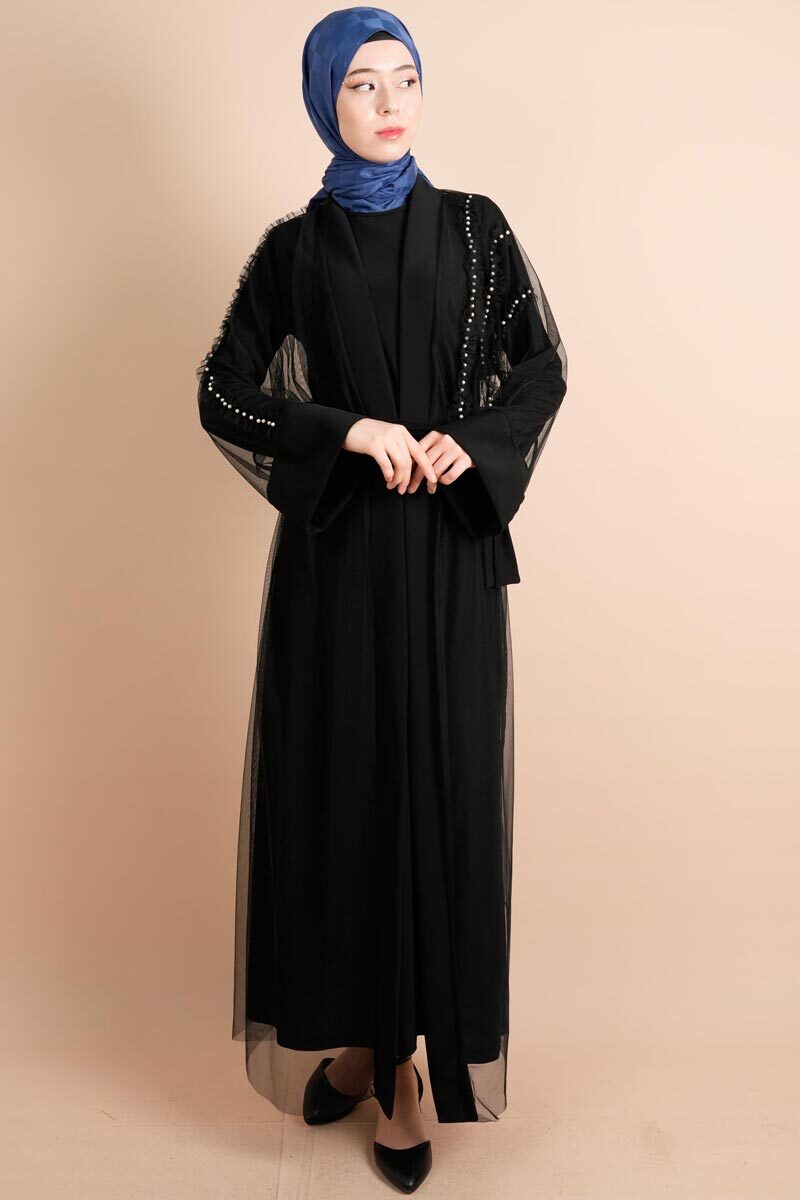 2 li Abaya Ön 3 İnci Çizgili Abiye Tül Abiye Siyah - 1