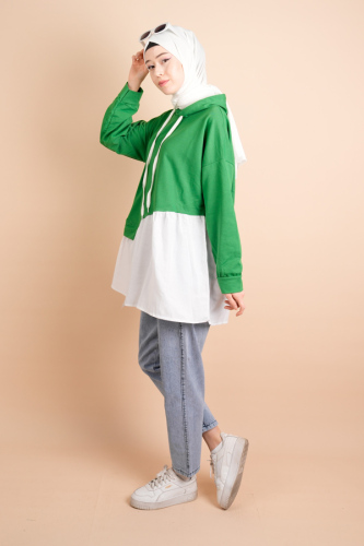 Alt Gömlek Detaylı Kapüşonlu Bağcık Deyatlı Sweat Yeşil - 03Kız Kulesi Teks (1)
