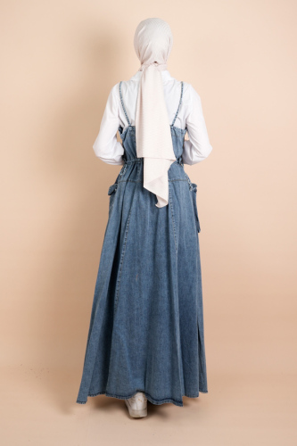 Askılı Denim Elbise Torba Cep Detaylı Kot Jile Elbise - Açık Mavi - 03Kız Kulesi Teks (1)