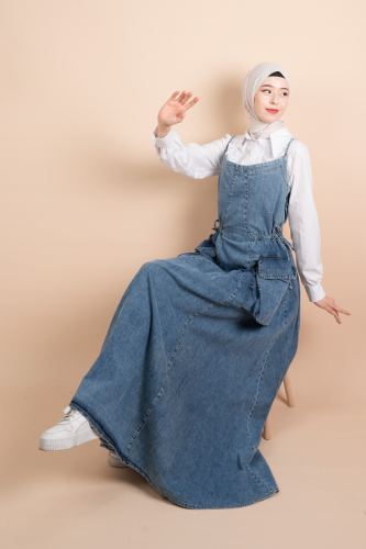 Askılı Denim Elbise Torba Cep Detaylı Kot Jile Elbise - Açık Mavi - 3