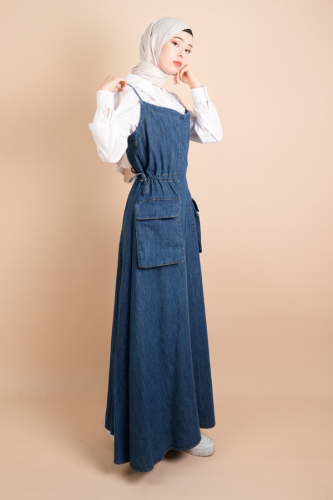 Askılı Denim Elbise Torba Cep Detaylı Kot Jile Elbise - Mavi - 03Kız Kulesi Teks (1)