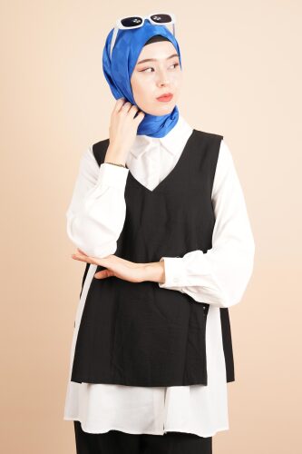 Ayrobin Kumaş Kombin Takım Tesettür Model 3 lü Taş Detaylı Kombin Takım Siyah - 4