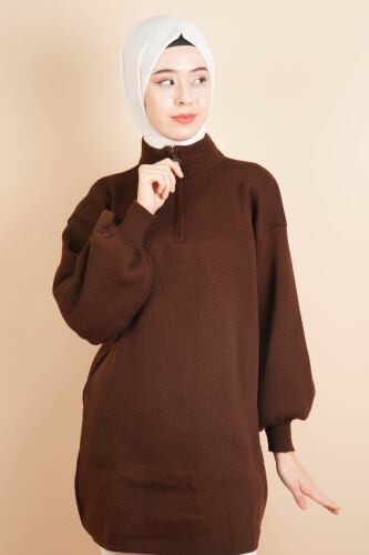 Balon Kol Düz Basic Hakim Yaka Fermuarlı Tunik Kazak Kahverengi - 03Kız Kulesi Teks