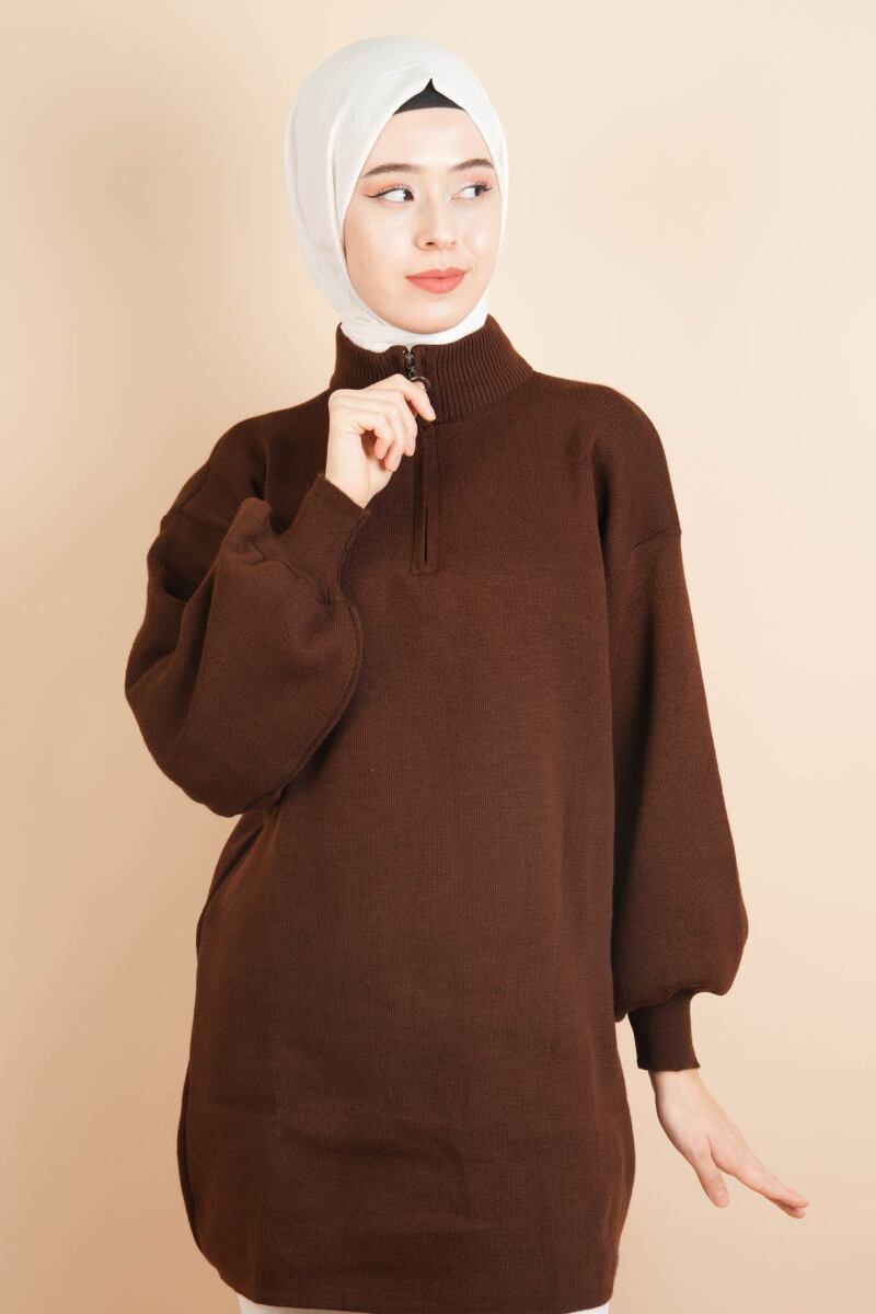 Balon Kol Düz Basic Hakim Yaka Fermuarlı Tunik Kazak Kahverengi - 1