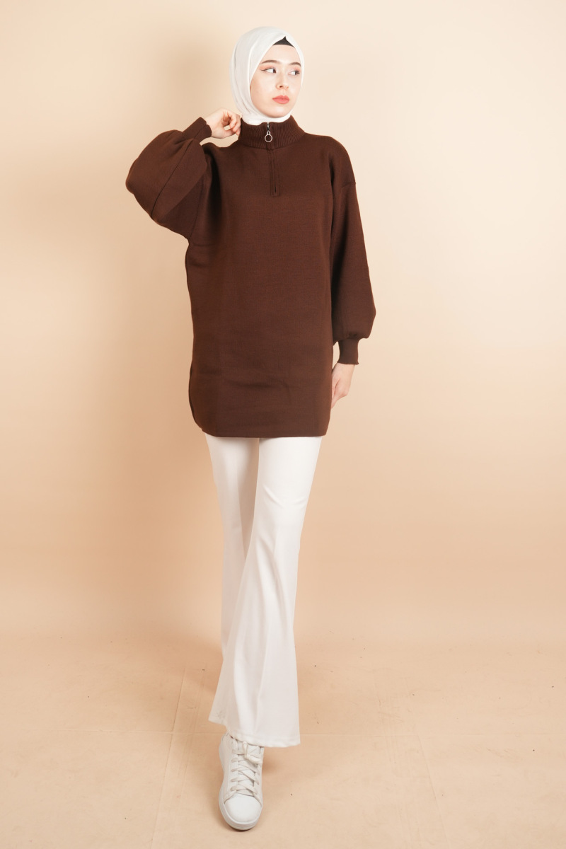 Balon Kol Düz Basic Hakim Yaka Fermuarlı Tunik Kazak Kahverengi - 2