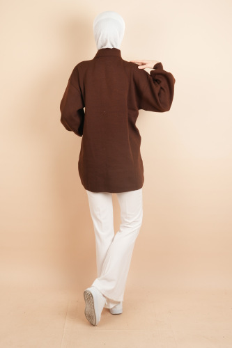 Balon Kol Düz Basic Hakim Yaka Fermuarlı Tunik Kazak Kahverengi - 4