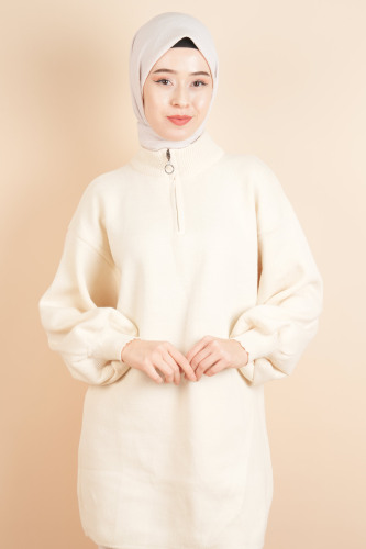 Balon Kol Düz Basic Hakim Yaka Fermuarlı Tunik Kazak Krem 