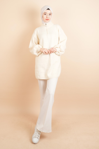 Balon Kol Düz Basic Hakim Yaka Fermuarlı Tunik Kazak Krem - 03Kız Kulesi Teks (1)