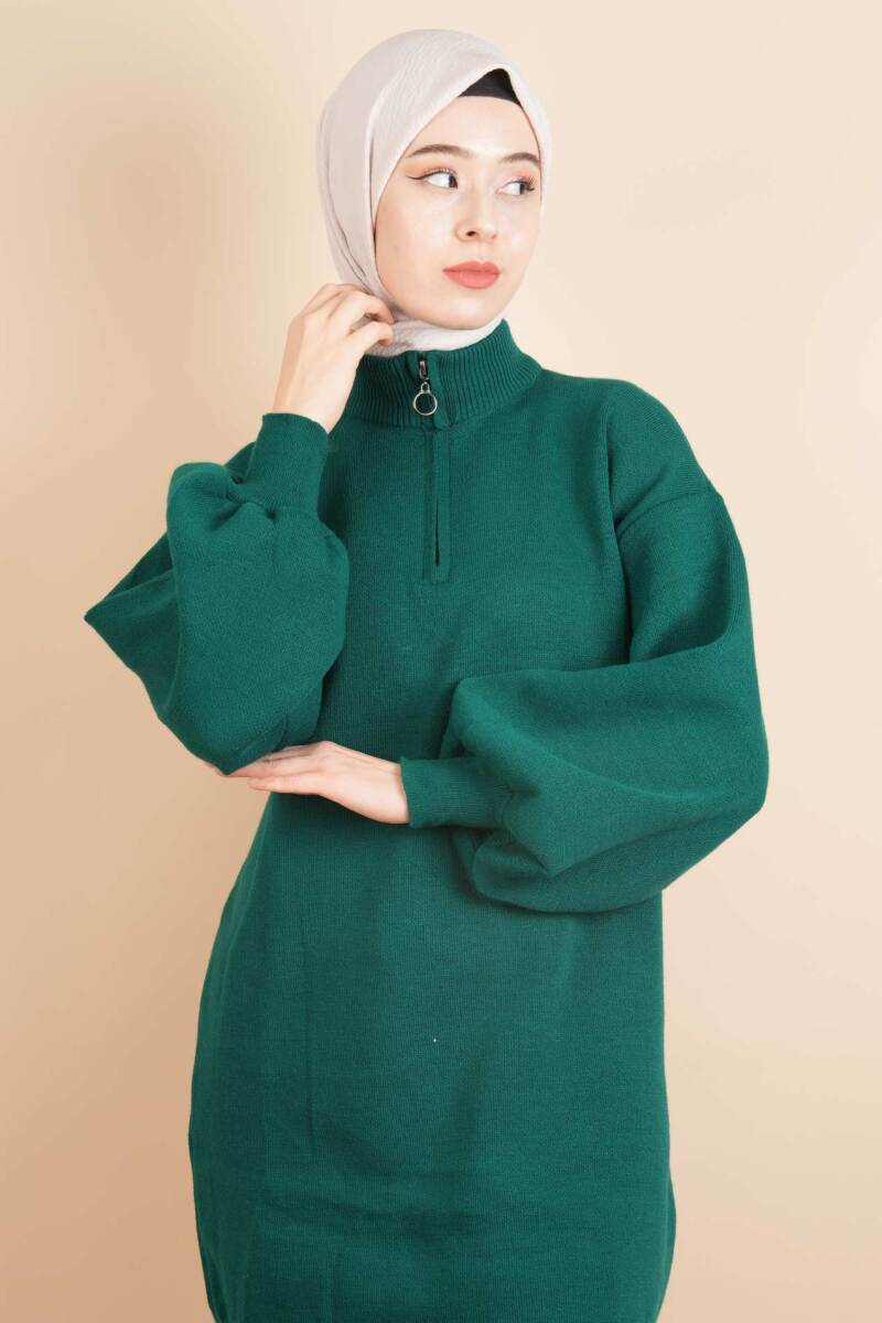 Balon Kol Düz Basic Hakim Yaka Fermuarlı Tunik Kazak Zümrüt - 1