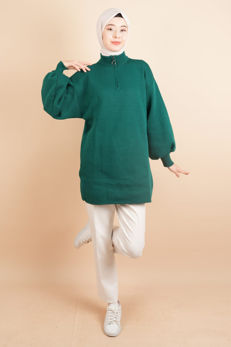 Balon Kol Düz Basic Hakim Yaka Fermuarlı Tunik Kazak Zümrüt - 2