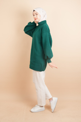 Balon Kol Düz Basic Hakim Yaka Fermuarlı Tunik Kazak Zümrüt - 3
