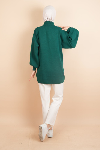 Balon Kol Düz Basic Hakim Yaka Fermuarlı Tunik Kazak Zümrüt - 4