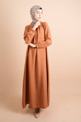 Basic Elbise Boyun Kare Lastik Detaylı Gita Elbise Camel 