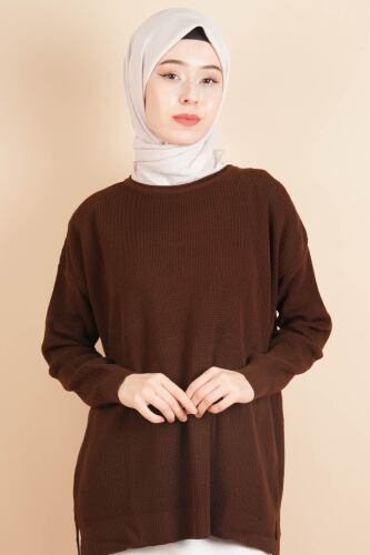 Basic Pirinç Örgü Tunik Kazak Kahverengi 