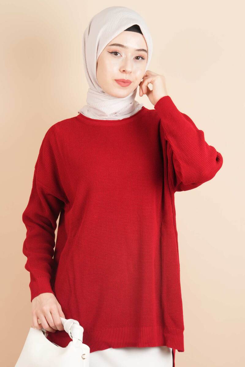 Basic Pirinç Örgü Tunik Kazak Kırmızı - 1