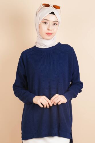 Basic Pirinç Örgü Tunik Kazak Lacivert 