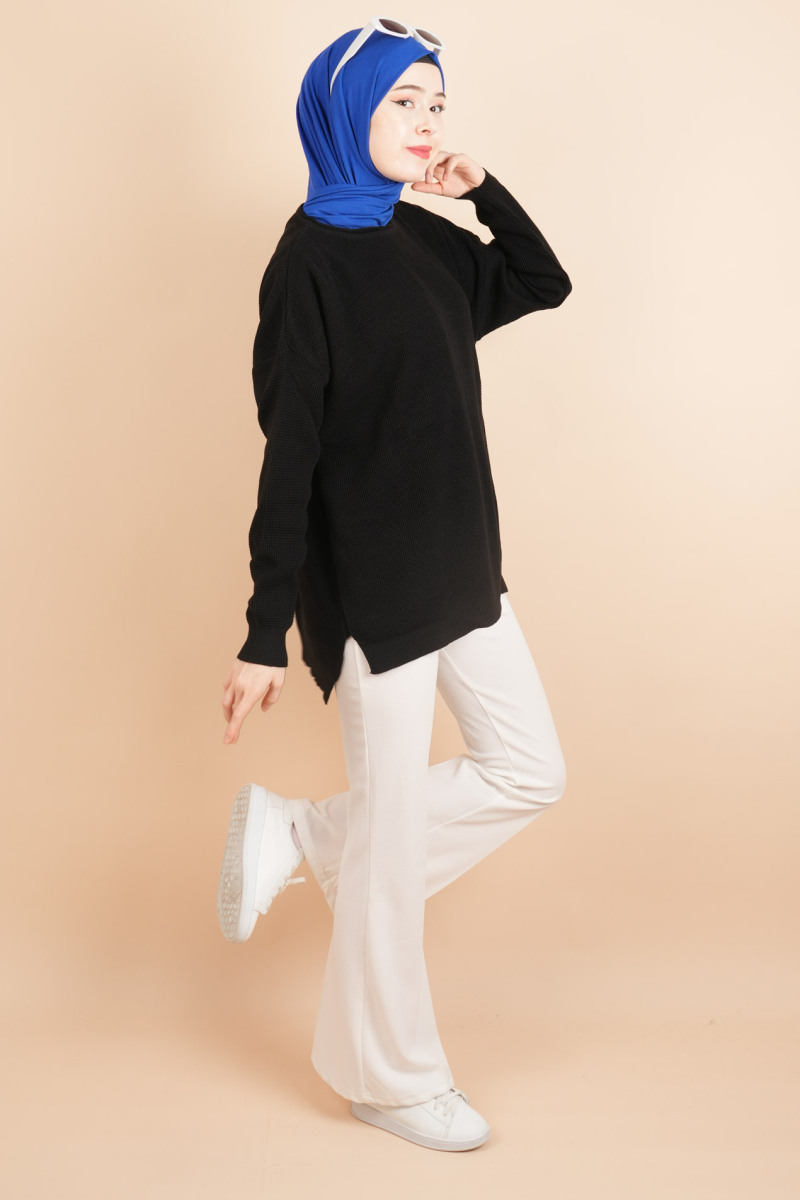 Basic Pirinç Örgü Tunik Kazak Siyah - 3