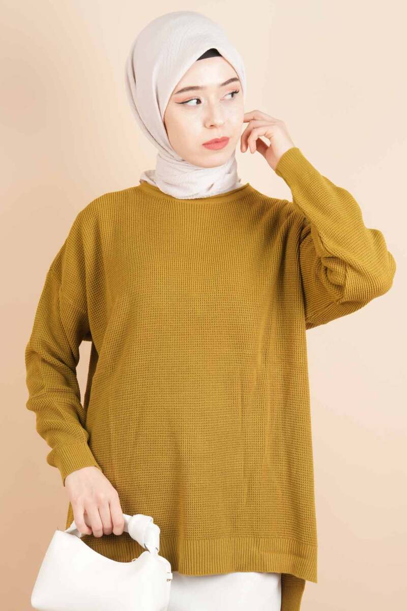 Basic Pirinç Örgü Tunik Kazak Yağ Yeşili - 1