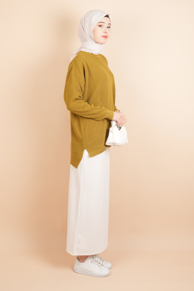 Basic Pirinç Örgü Tunik Kazak Yağ Yeşili - 3