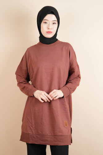 Bayan Basic Sweat Amblemli Tesettür Sweat Kahverengi 