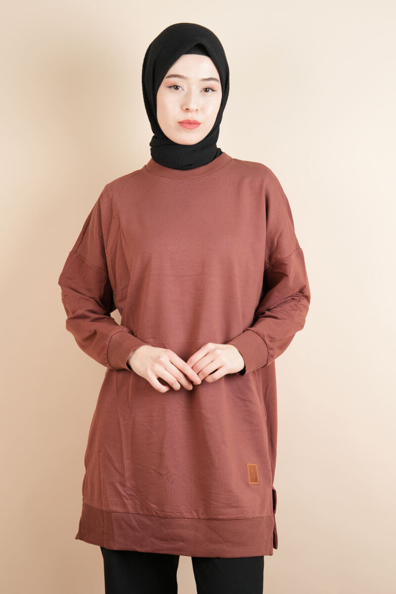 Bayan Basic Sweat Amblemli Tesettür Sweat Kahverengi - 1