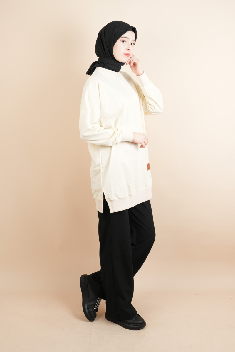 Bayan Basic Sweat Amblemli Tesettür Sweat Krem - 3