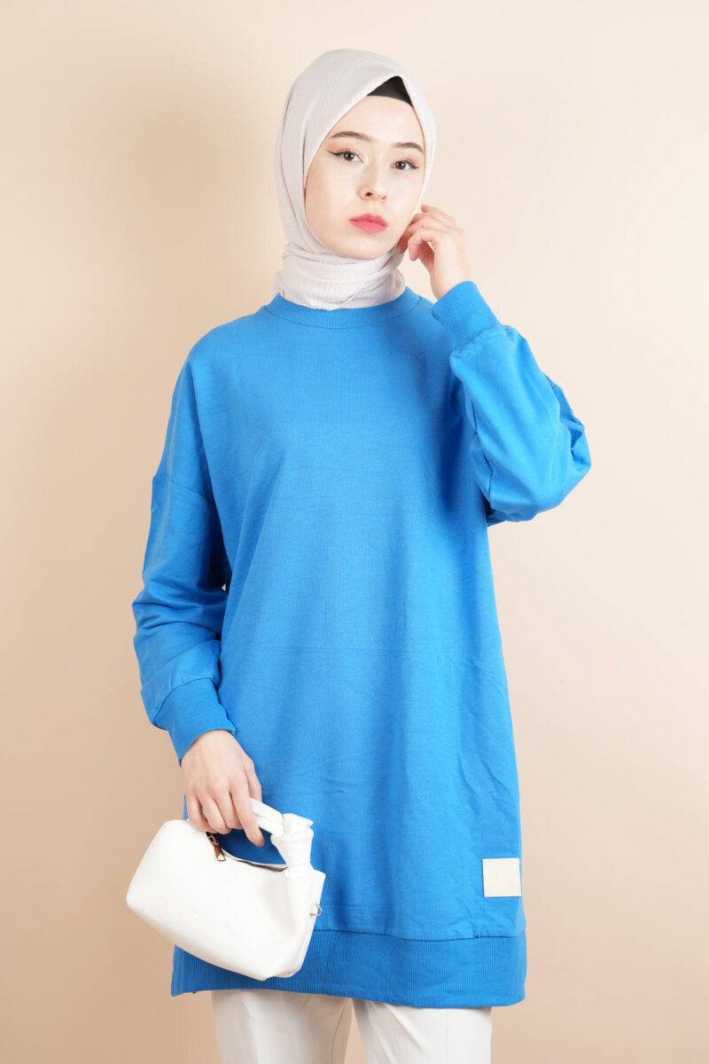 Bayan Basic Sweat Amblemli Tesettür Sweat Mavi - 1