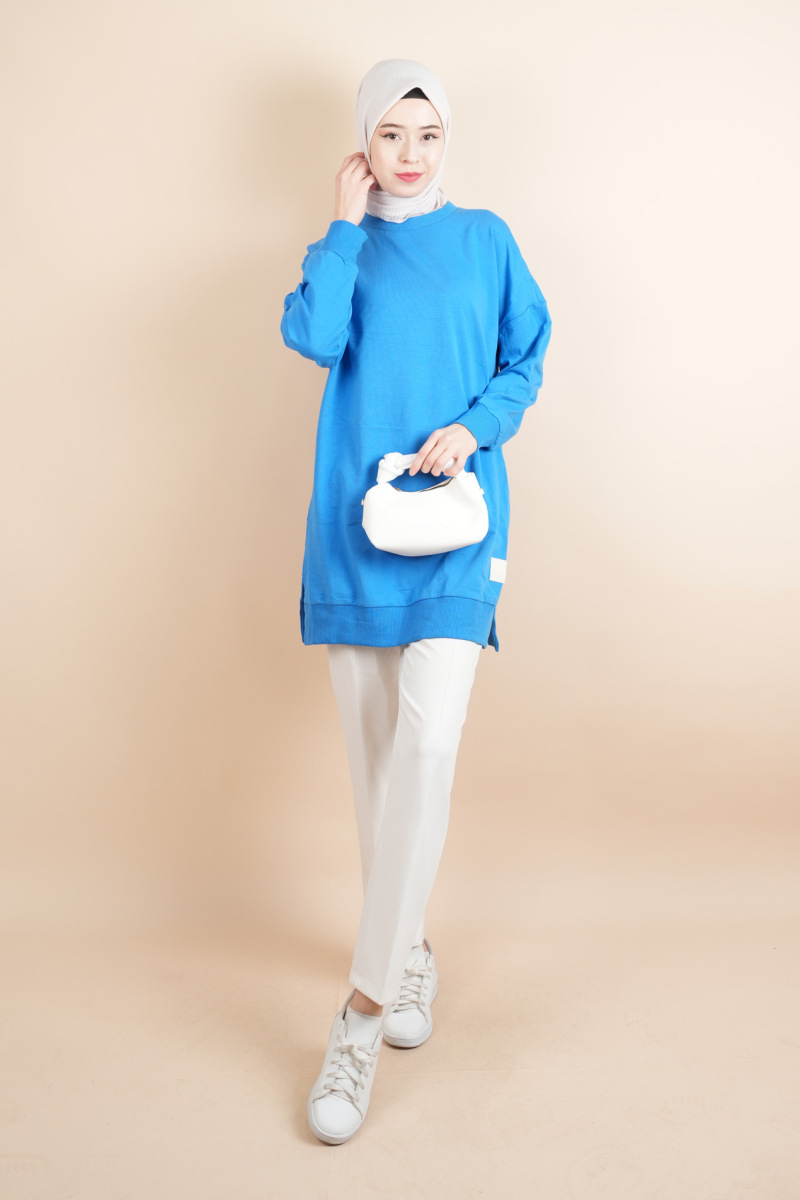 Bayan Basic Sweat Amblemli Tesettür Sweat Mavi - 2