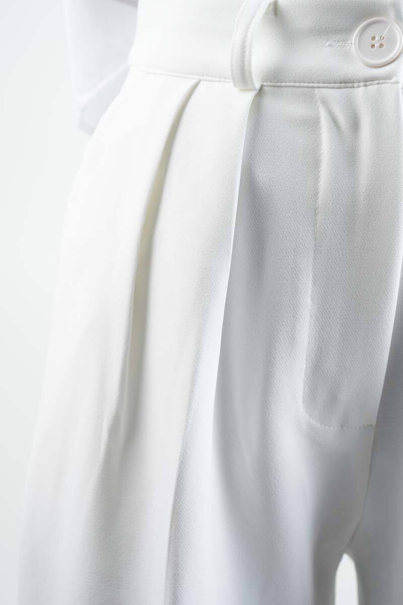 Bayan Blazer Pantolon Bol Paça Pantolon Beyaz - 3