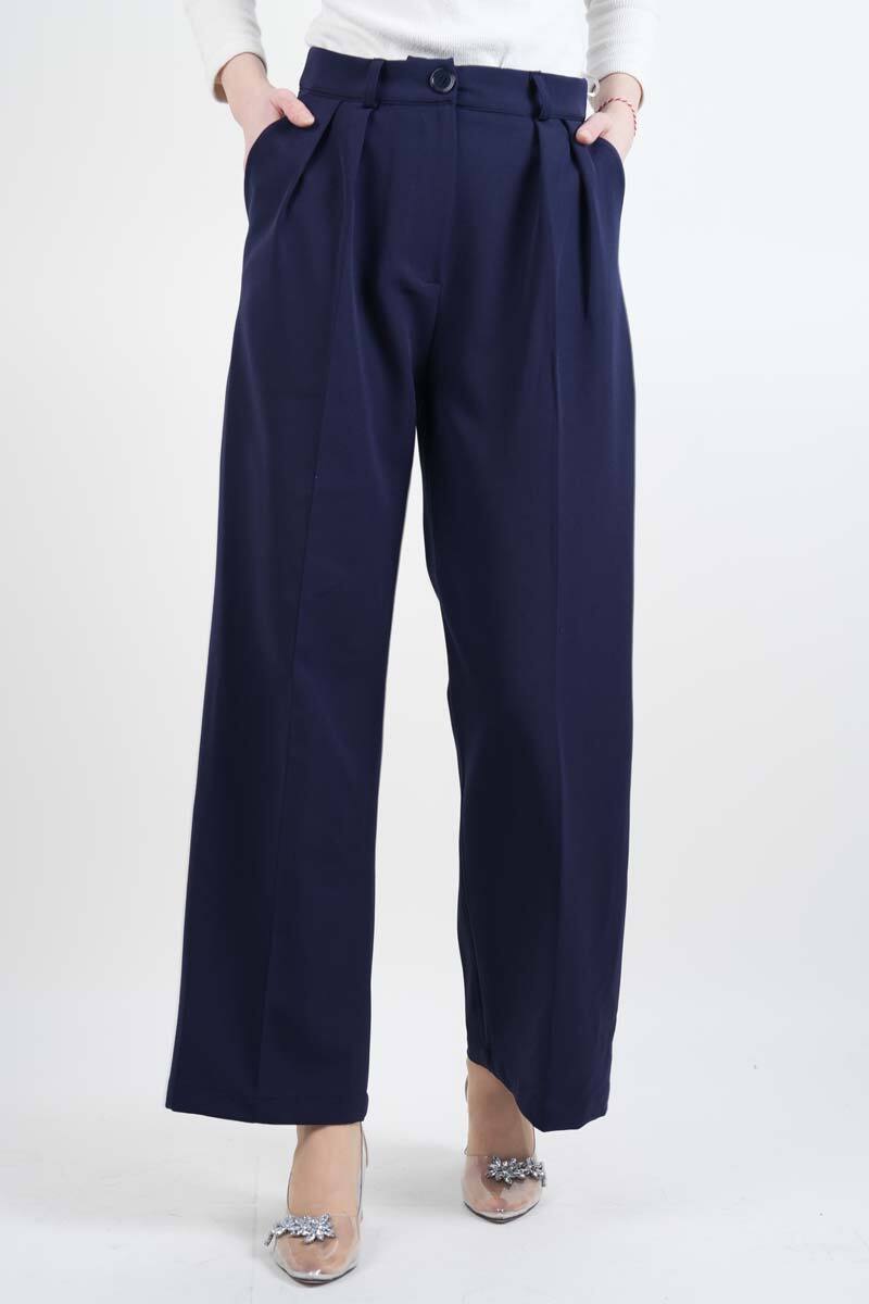Bayan Blazer Pantolon Bol Paça Pantolon Lacivert - 1