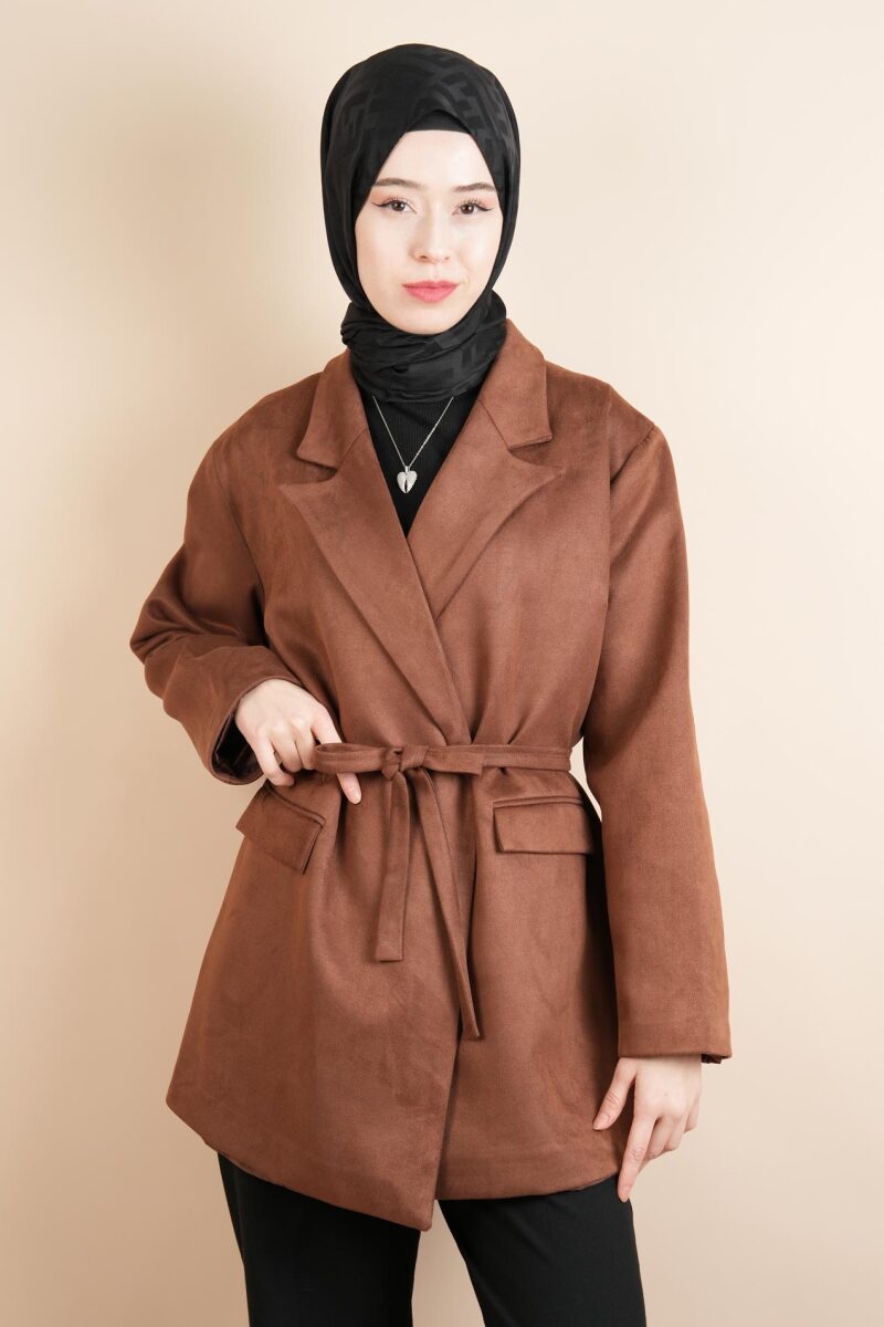 Bayan Blazer Süet Ceket Seyyar Kuşaklı Ceket Kahverengi - 1