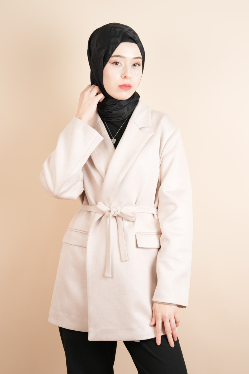 Bayan Blazer Süet Ceket Seyyar Kuşaklı Ceket Krem - 1