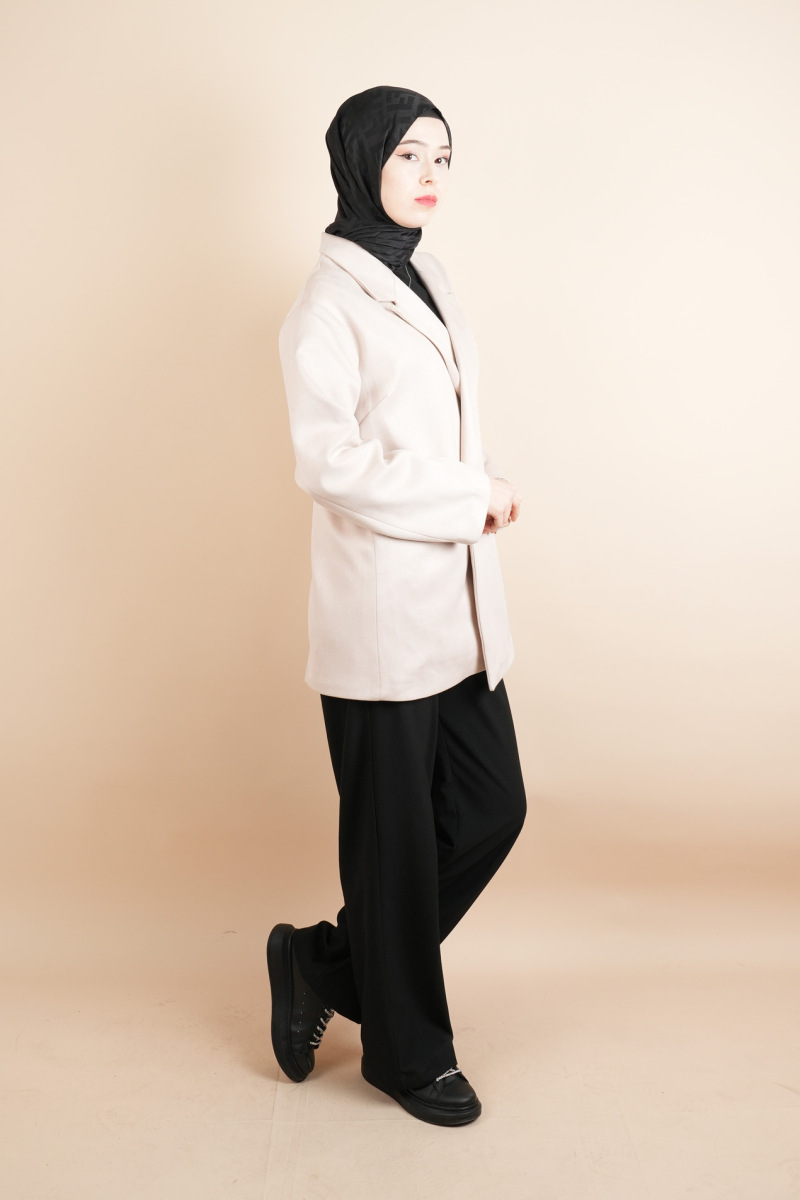 Bayan Blazer Süet Ceket Seyyar Kuşaklı Ceket Krem - 3