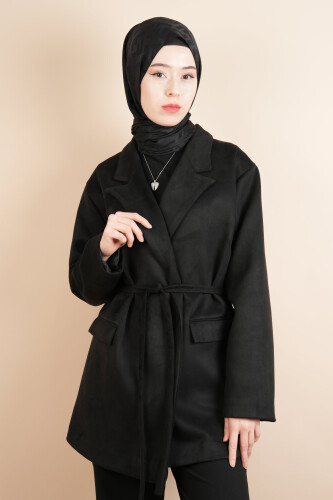 Bayan Blazer Süet Ceket Seyyar Kuşaklı Ceket Siyah 