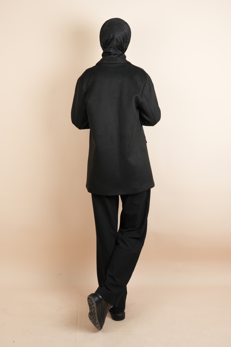 Bayan Blazer Süet Ceket Seyyar Kuşaklı Ceket Siyah - 4