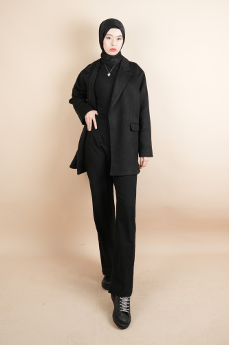 Bayan Blazer Süet Ceket Seyyar Kuşaklı Ceket Siyah - 03Kız Kulesi Teks (1)