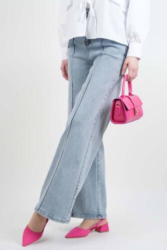 Bayan Bol Paça Kot Pantolon Palazzo Denim Açık Mavi - 2