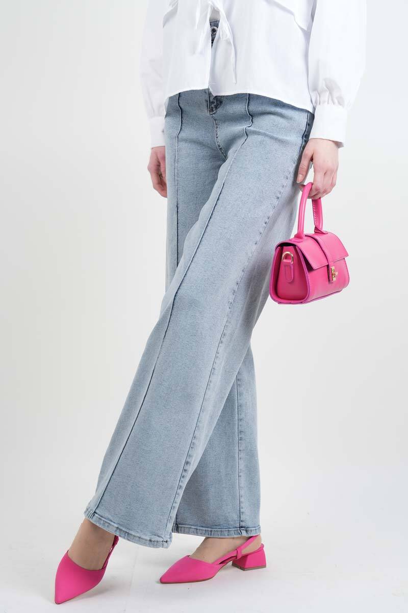 Bayan Bol Paça Kot Pantolon Palazzo Denim Açık Mavi - 2