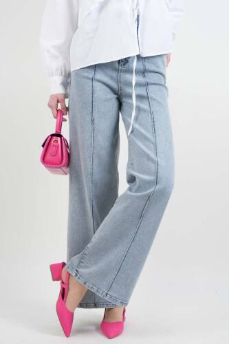 Bayan Bol Paça Kot Pantolon Palazzo Denim Açık Mavi - 3