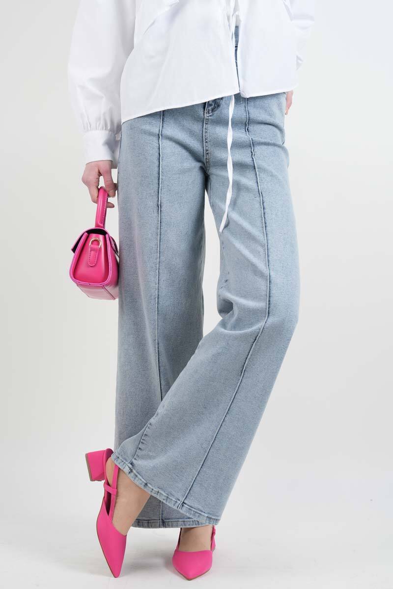Bayan Bol Paça Kot Pantolon Palazzo Denim Açık Mavi - 3
