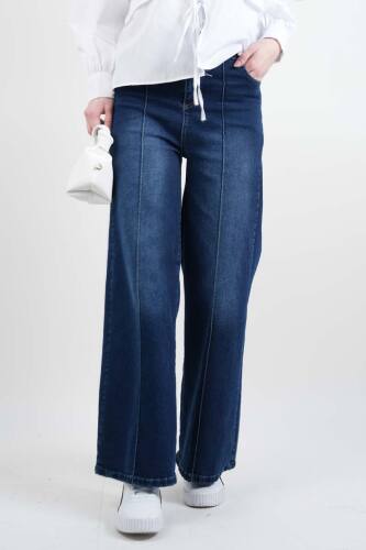 Bayan Bol Paça Kot Pantolon Palazzo Denim Koyu Mavi - 1