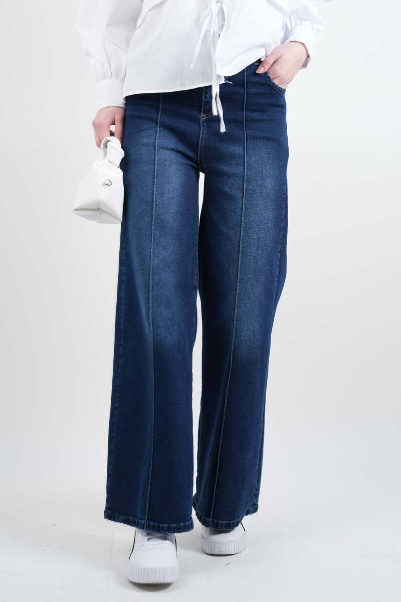Bayan Bol Paça Kot Pantolon Palazzo Denim Koyu Mavi - 1