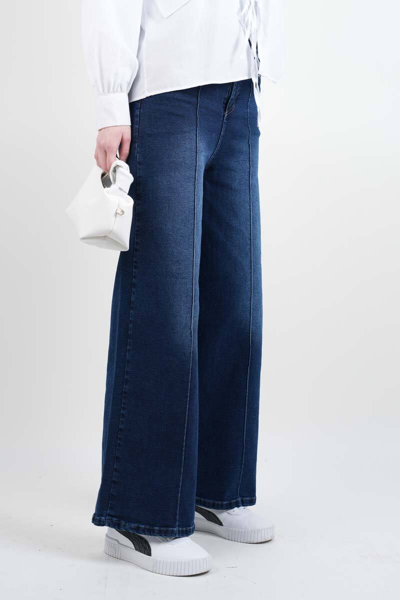 Bayan Bol Paça Kot Pantolon Palazzo Denim Koyu Mavi - 2