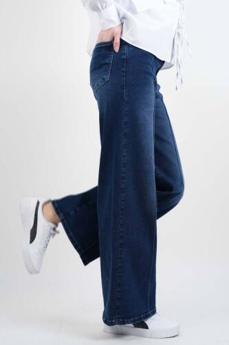 Bayan Bol Paça Kot Pantolon Palazzo Denim Koyu Mavi - 3