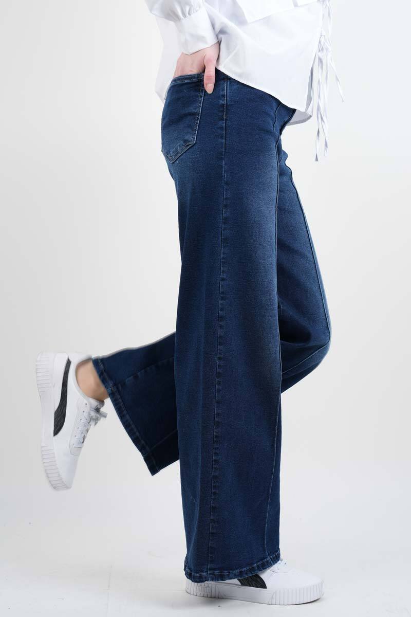 Bayan Bol Paça Kot Pantolon Palazzo Denim Koyu Mavi - 3