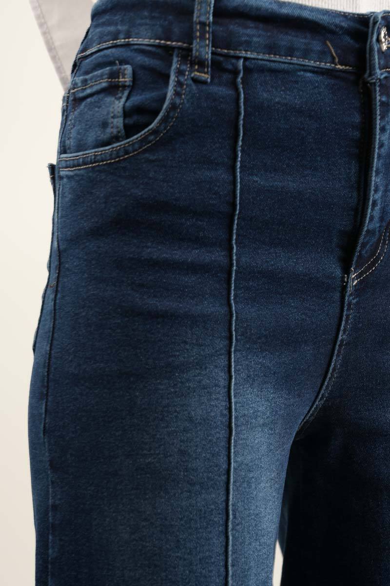 Bayan Bol Paça Kot Pantolon Palazzo Denim Koyu Mavi - 4