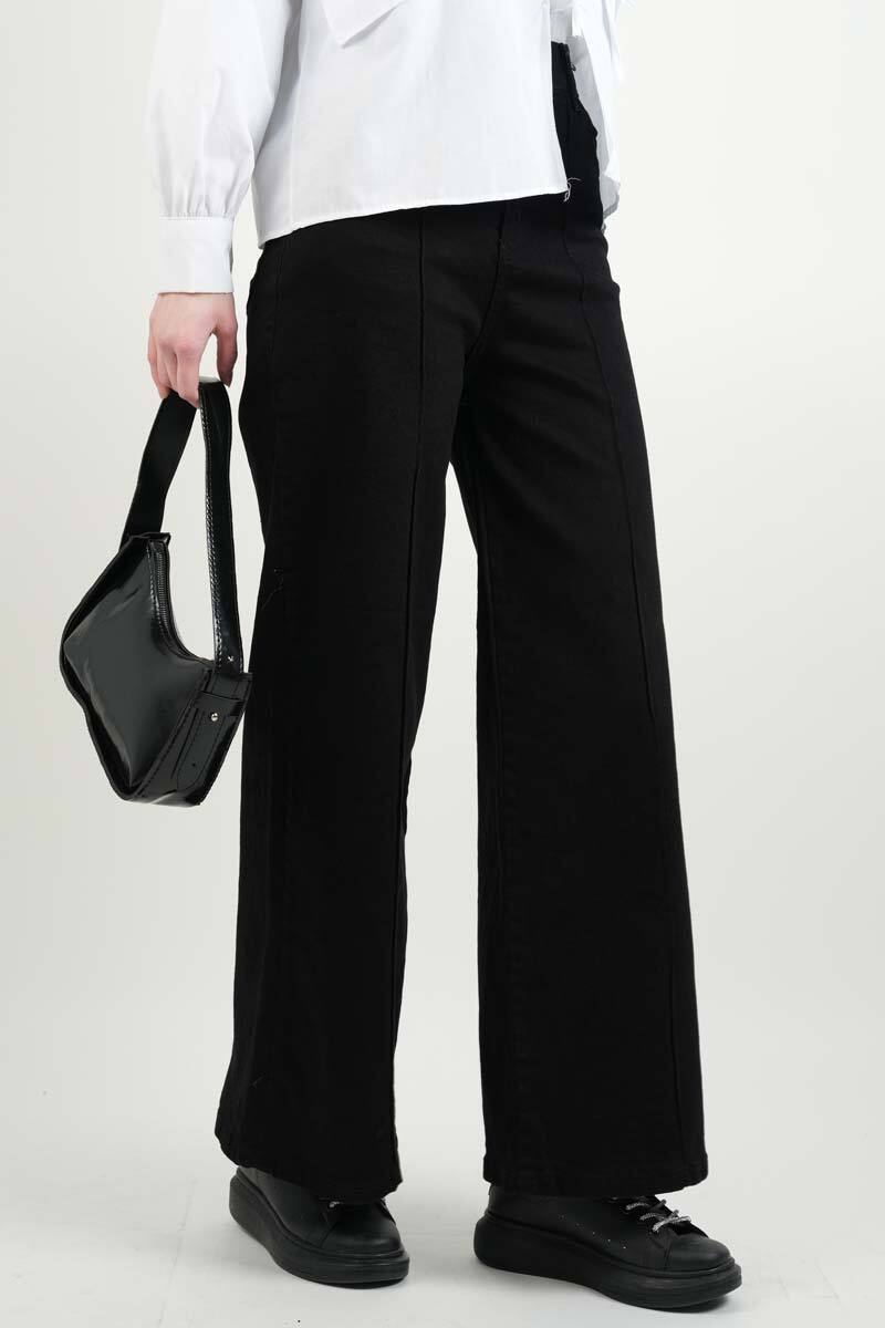Bayan Bol Paça Kot Pantolon Palazzo Denim Siyah - 2