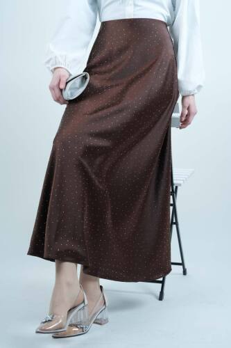 Bayan Çan Etek Ful Taş Detaylı Saten Etek Kahverengi - 03Kız Kulesi Teks