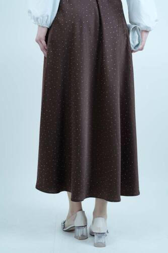 Bayan Çan Etek Ful Taş Detaylı Saten Etek Kahverengi - 03Kız Kulesi Teks (1)