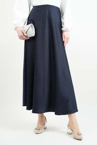 Bayan Çan Etek Ful Taş Detaylı Saten Etek Lacivert - 03Kız Kulesi Teks